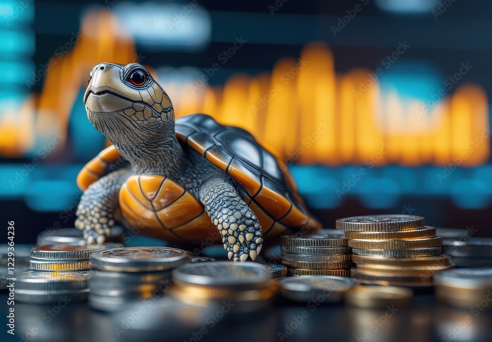 Poster creative turtle figurine on a pile of coins with a colorful financial chart in the blurred backgroun