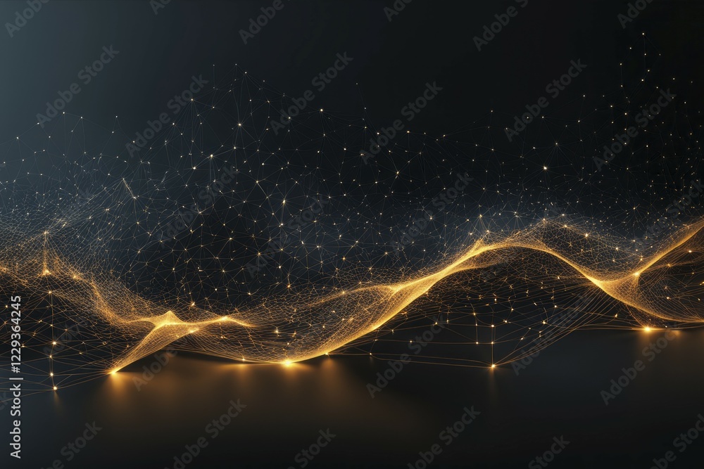 Poster a futuristic wave of glowing orange lines and particles on a dark background, creating an abstract d