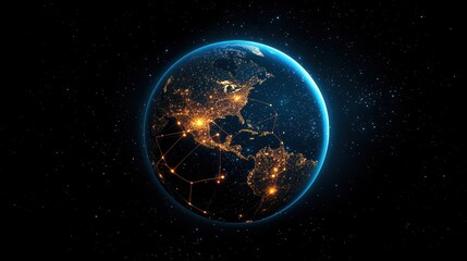 Fototapeta premium Global Globe Earth Globe with glowing lines connecting different cities, represents global communication and networks