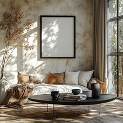 Sunlit living room, minimalist decor, peaceful ambiance.