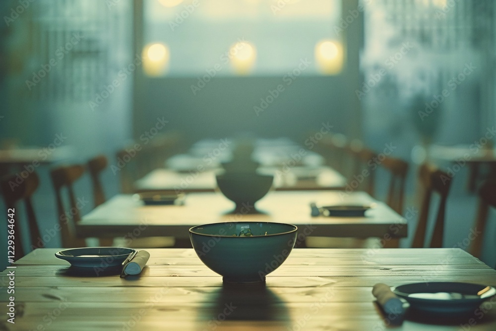 Poster an atmospheric restaurant scene with empty tables set for evening diners, ai generated