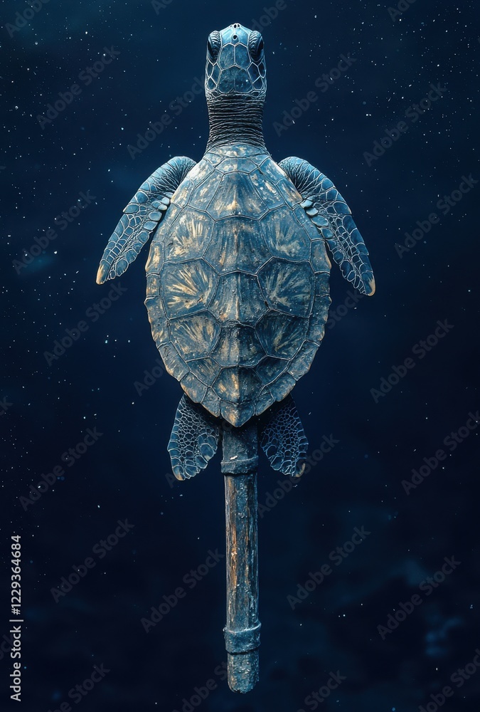 Poster detailed artistic depiction of a turtle against a dark background with unique textures and color gra