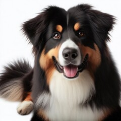 A cheerful dog with shiny fur sits comfortably, showcasing a playful demeanor. Its bright eyes and relaxed posture invite affection and companionship, inspiring joy and warmth