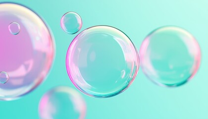 Floating soap bubbles with shimmering pastel hues and translucent textures, set on a serene blue-to-green gradient background