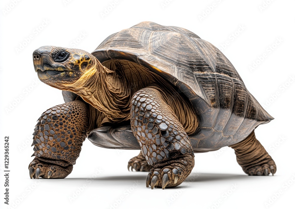 Poster detailed close-up of a striking turtle with intricate shell patterns against a clean white backgroun