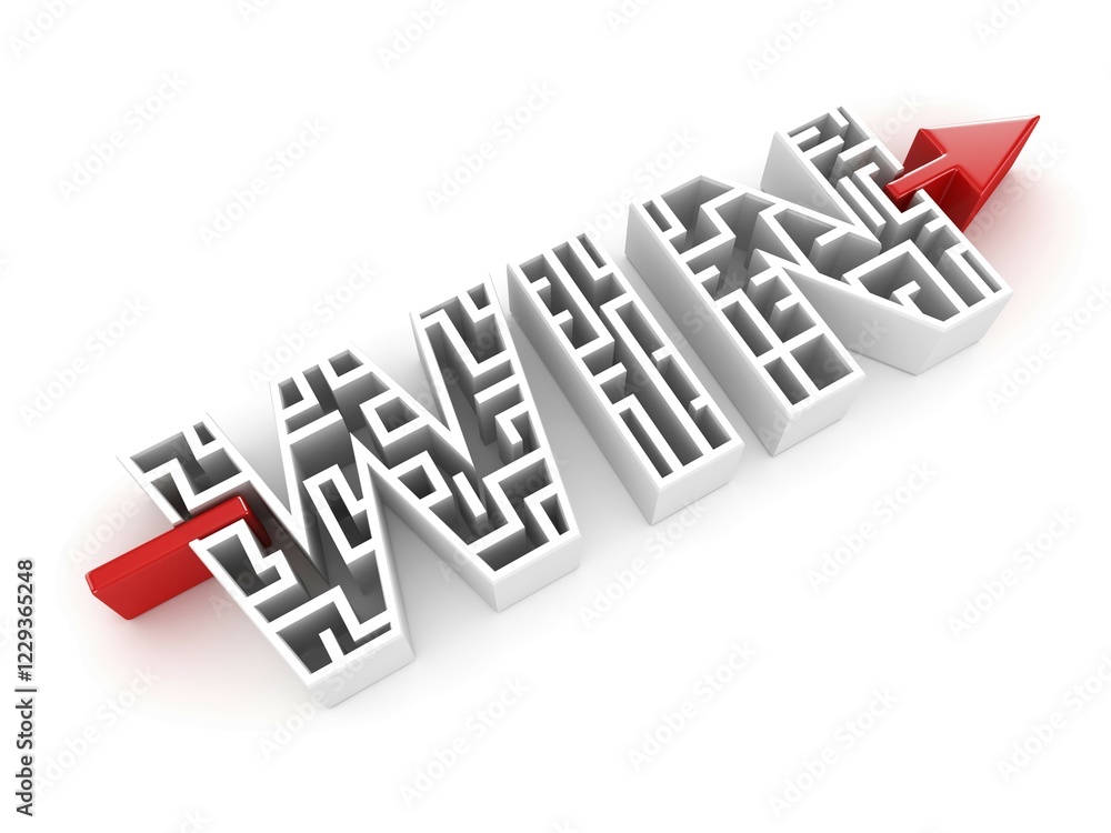 Poster maze with text, win, this is a 3d rendered computer generated image. isolated on white