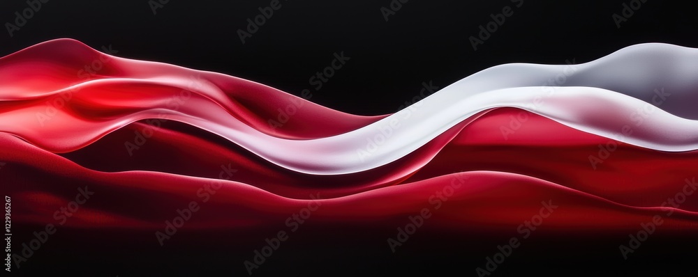 Poster flowing red and white light beams creating a sense of movement and depth against a minimalist dark c