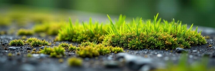 Texture of sprouted grass and lichen on concrete, uneven terrain, moss covered