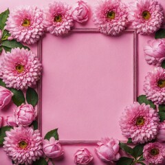 Fototapeta premium Floral frame made of pink roses and chrysanthemums with green leaves on a pink background, AI generated