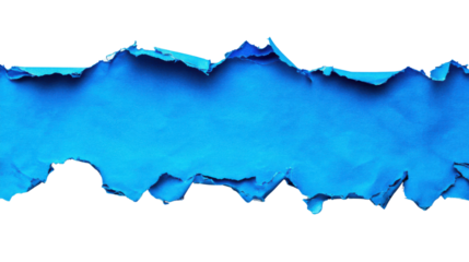 Torn horizontal blue paper strip revealing transparent background. Transparent background