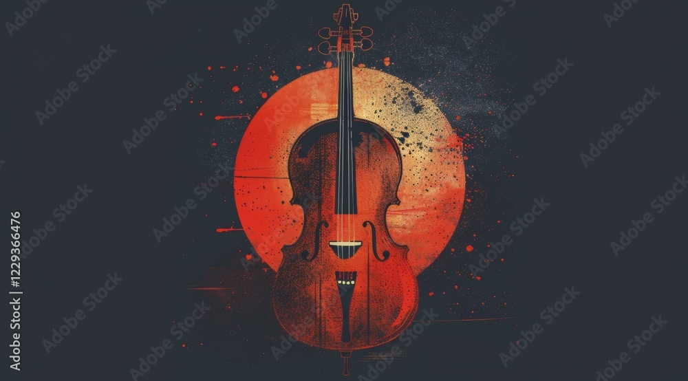 Poster a stylized abstract violin against a dark backdrop with red circular and splatter elements, ai gener
