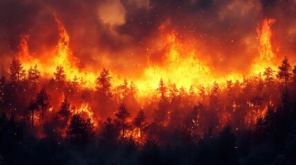 Massive wildfire raging through a dense forest, bright orange flames and thick smoke filling the sky  