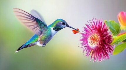 Vibrant Hummingbird Sipping Nectar from Colorful Flower Blossom