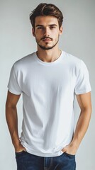 Modern Casual Men's Clothing Mockup, White T-Shirt Template, Front View, Fashion Design Concept, Blank Apparel for Branding, Isolated Studio Shot, 