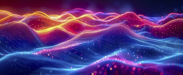 Fototapeta premium Futuristic abstract image of neon-colored waves with dots in a digital art style, AI generated
