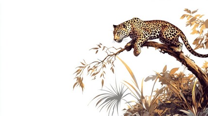 Spotted Leopard Climbing a Tree in Lush Jungle Environment