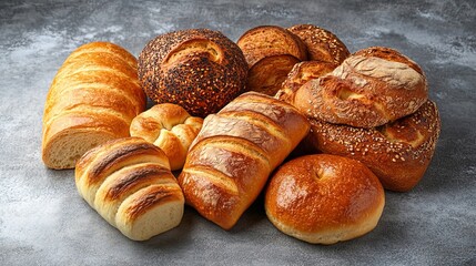 Freshly baked bread and rolls on a grey stone background, with room for text. picture