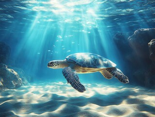 Obraz premium Graceful Green Sea Turtle Swimming Underwater with Sunlight Filtering Through Surface in a Serene Ocean Environment