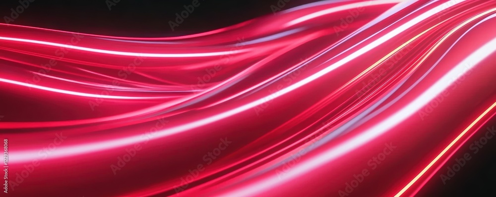 Poster abstract red light trails with soft gradients and highlights, forming elegant waves over a deep blac