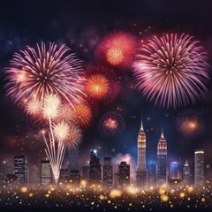 A brilliant display of fireworks over a city skyline with prominent tall buildings, AI generated