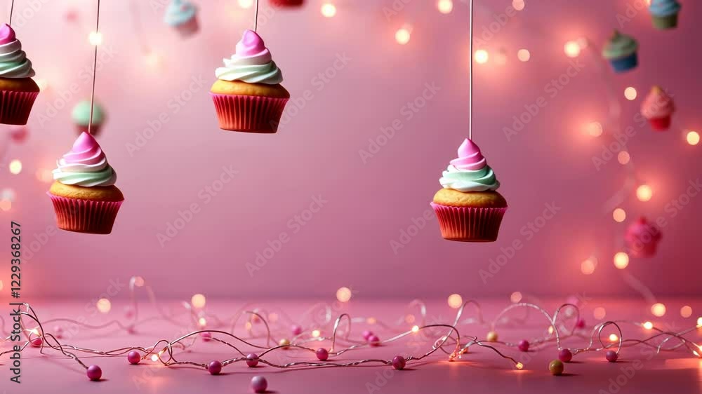 Poster floating cupcakes and fairy lights on a soft pink background creating a whimsical and dreamy atmosph