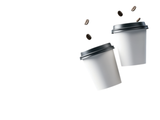 Aromatic coffee beans overflowing from two elegant cups, a celebration of rich coffee flavor