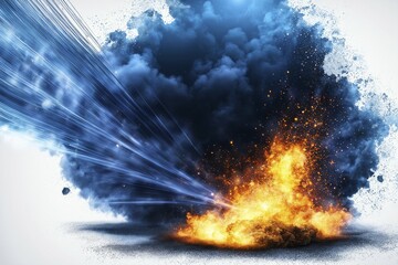 Obraz premium A bright orange explosion with blue smoke and light streaks against a contrasting background, AI generated