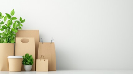 Sustainability Eco Friendly Packaging Group of eco friendly packaging options, including cardboard boxes, paper bags, and reusable containers, white background, promotes sustainable packaging