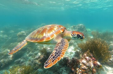 Obraz premium Graceful Sea Turtle Gliding Through Clear Tropical Waters Surrounded By Vibrant Coral Reefs and Underwater Vegetation in a Stunning Marine Habitat
