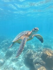 Fototapeta premium Graceful sea turtle gliding through clear turquoise waters, showcasing natural beauty and marine life under the ocean surface in a vibrant underwater scene