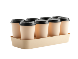 Four coffee cups in cardboard carrier, takeaway beverage solution for hot drinks