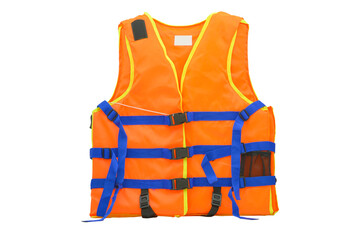 Bright orange life jacket designed for safety during water activities, ideal for boating, swimming,...