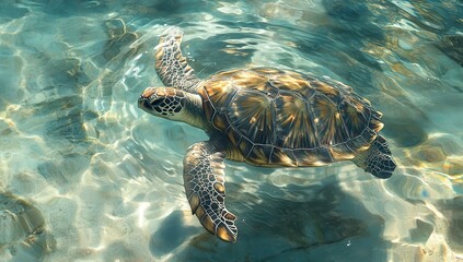 Graceful sea turtle gliding through crystal clear ocean waters with vibrant reflections and shimmering sunlight illuminating its intricate shell patterns