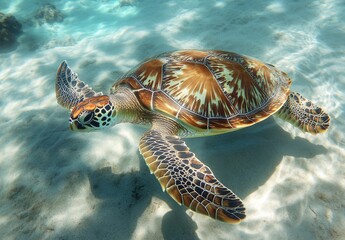 Obraz premium Graceful Sea Turtle Gliding Through Crystal Clear Tropical Waters Surrounded by Sunlit Sand and Vibrant Underwater Environment
