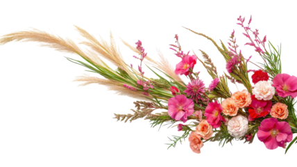 Bright and colorful floral arrangement featuring pink, orange, and purple flowers with green foliage and pampas grass