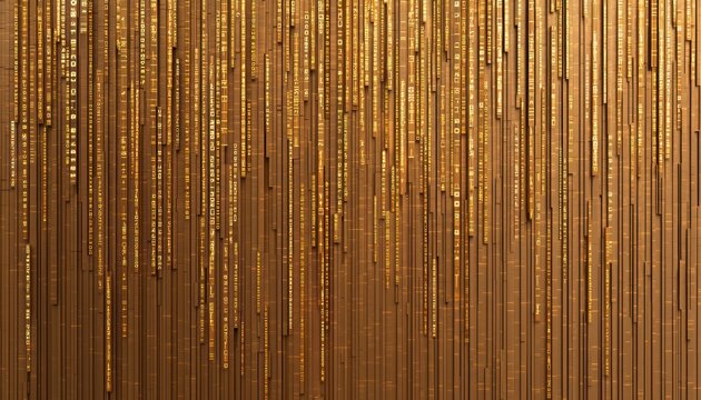 Bright, glowing digital code in orange and yellow hues, streaming across a shadowy background, ideal for tech and data visualization themes