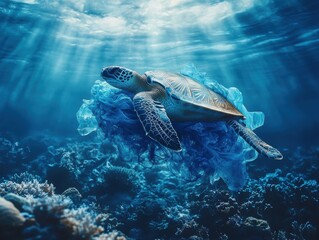 Fototapeta premium Graceful sea turtle gliding through ocean depths surrounded by vibrant coral reef and floating plastic, highlighting marine life and pollution issues