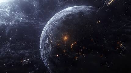Fototapeta premium Futuristic Earth-centered network with glowing crypto nodes and IoT connections, symbolizing global digital connectivity.