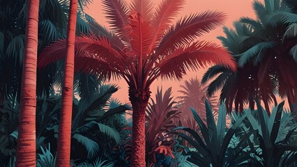 Tropical vintage botanical landscape, pink palm tree, banana tree, blue plant. Generative AI