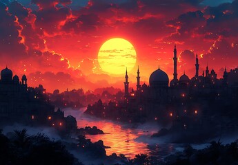 Obraz premium Fantasy Cityscape with Domed Buildings Against a Large Sunset and Crimso Lit Sky