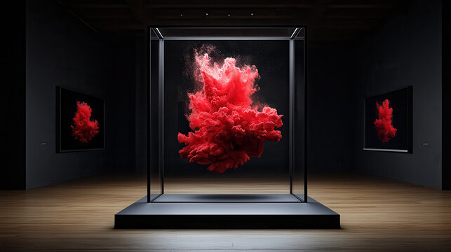 striking display of red smoke in glass case, surrounded by dark walls and artwork. vibrant colors create captivating atmosphere in gallery