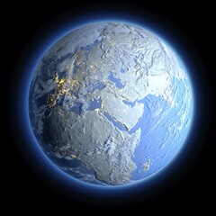 Exaggerated metaphor for the winter Earth, when all the continents are covered with snow and signs of life can only see the lights of cities