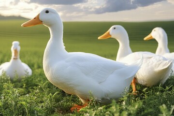 White ducks walking in a green meadow in a peaceful rural setting, AI generated, AI generated