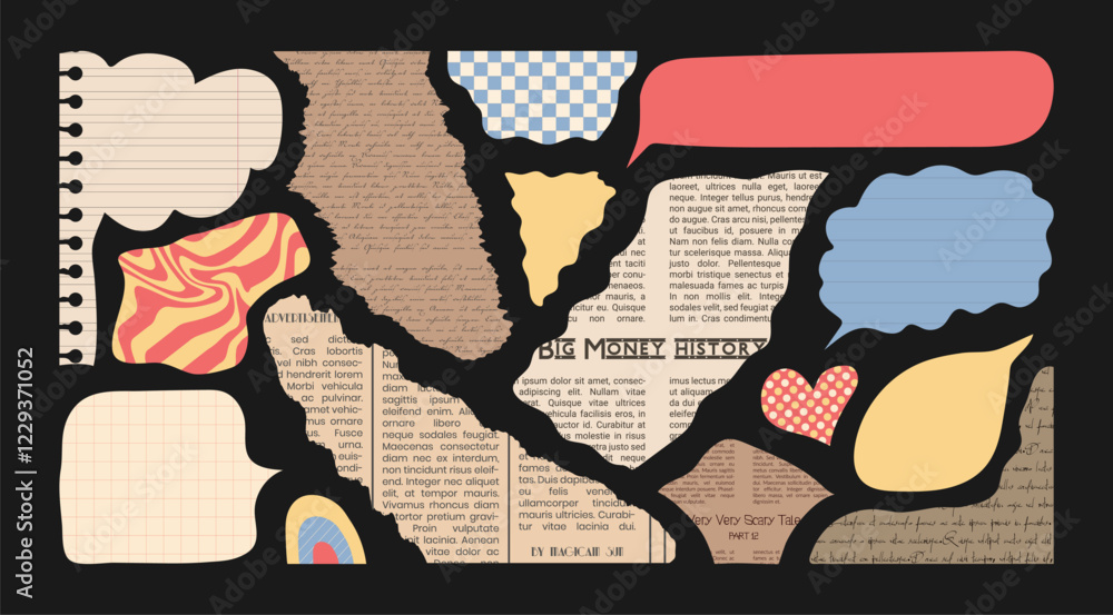 Poster collages and scrapbook elements set. torn newspapers and notebook sheets for cut strips paper with u