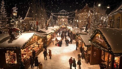 Obraz premium Festive Christmas Market Scene at Night, with Snow and Warm Lights