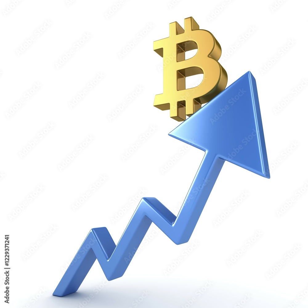Poster bitcoin symbol and blue arrow, this is a 3d rendered computer generated image. isolated on white