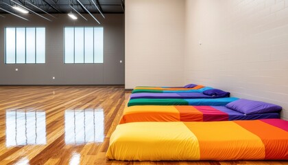 Converted gym with rows of colorful bedding, providing a safe and temporary space for evacuees during an emergency situation