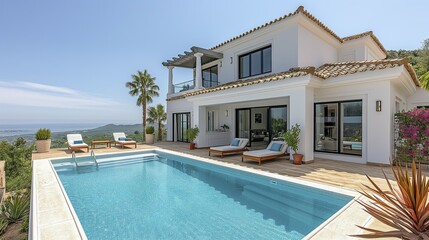 Fototapeta premium Mediterranean modernist style villa with infinity pool. Minimalist architecture in a Mediterranean setting with sea views. AI generated, AI generated