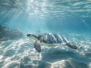 Obraz premium Graceful Sea Turtle Swimming Calmly Through Crystal Clear Waters Illuminated by Sunlight Breaking Through Ocean Surface