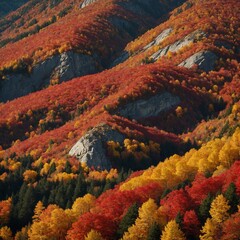 A vibrant autumn mountain covered in red and gold leaves.